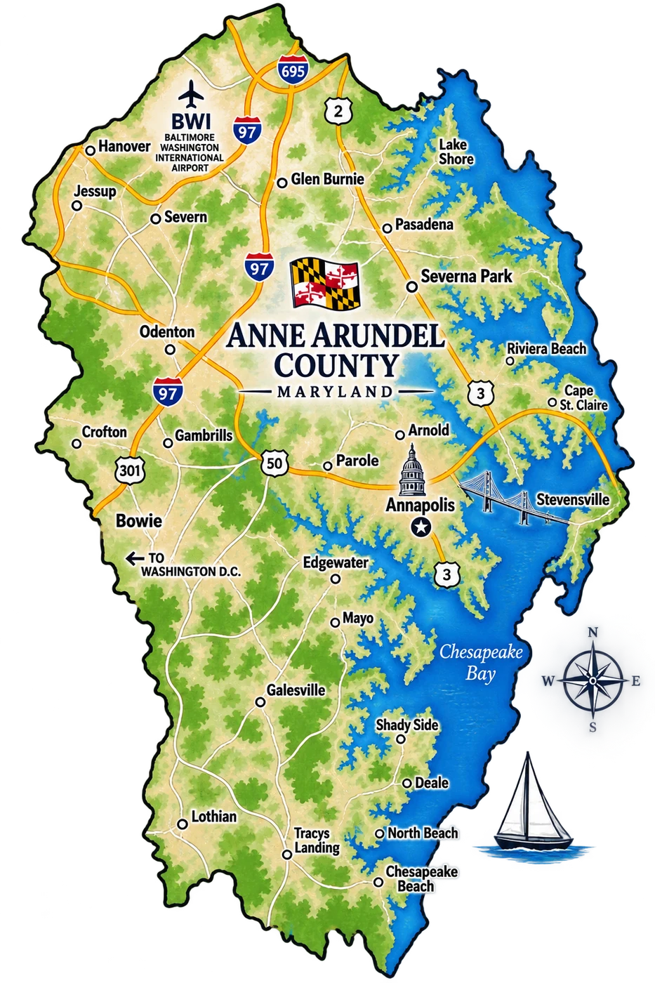 Illustrated map of Anne Arundel County, Maryland, showing Annapolis, Glen Burnie, Severna Park, Pasadena, Odenton, and the other towns served, along with BWI Airport, major highways, and the Chesapeake Bay