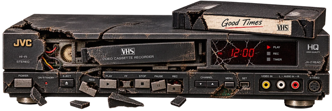 A JVC VHS VCR, cracked and broken