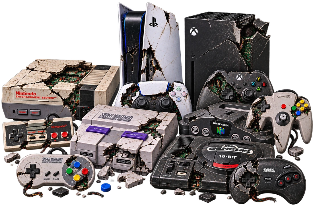 Retro and modern game consoles and controllers, cracked and broken