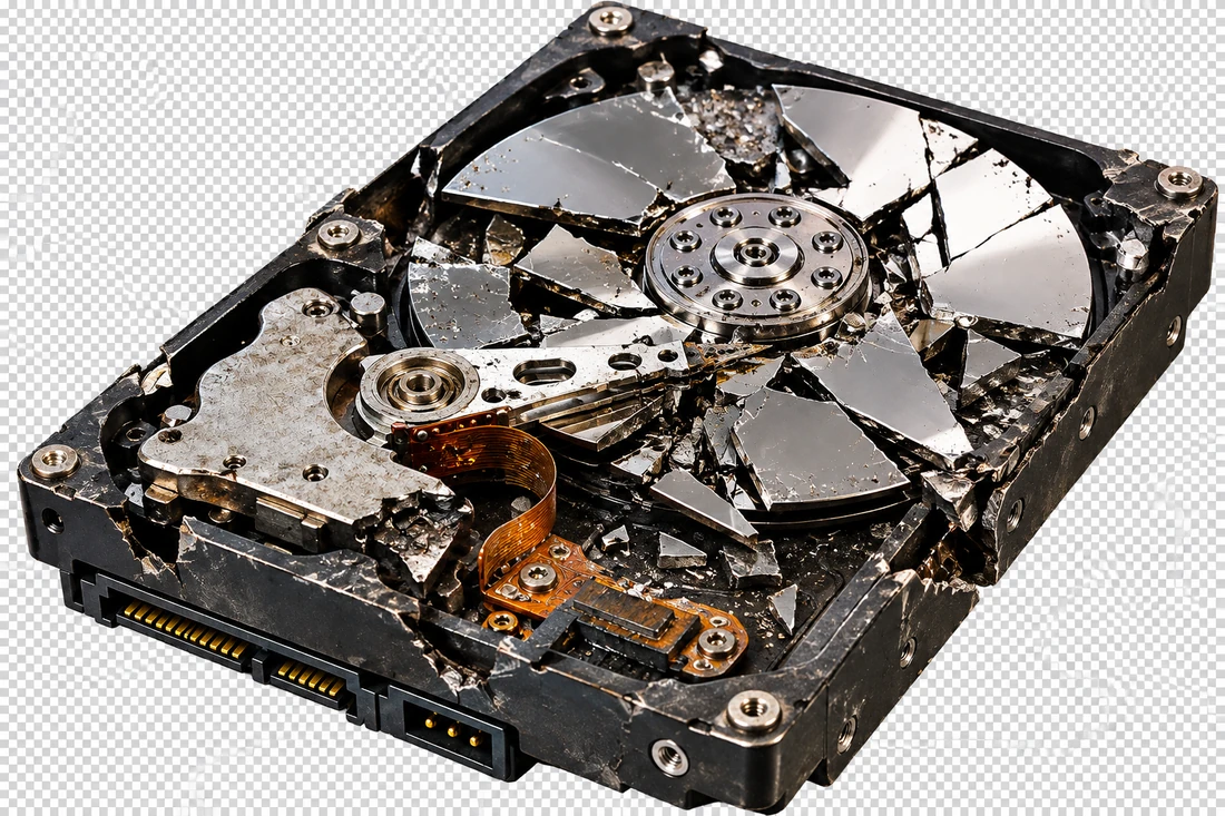 An open hard drive with shattered platters