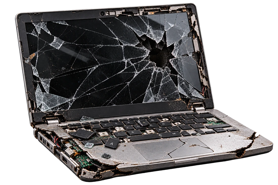A laptop with a shattered screen