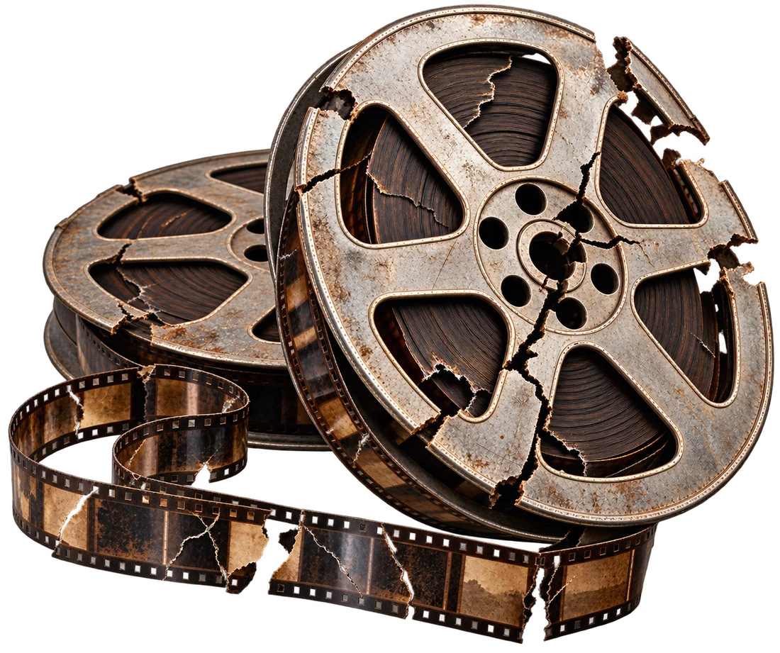 Vintage film reels, cracked and deteriorating