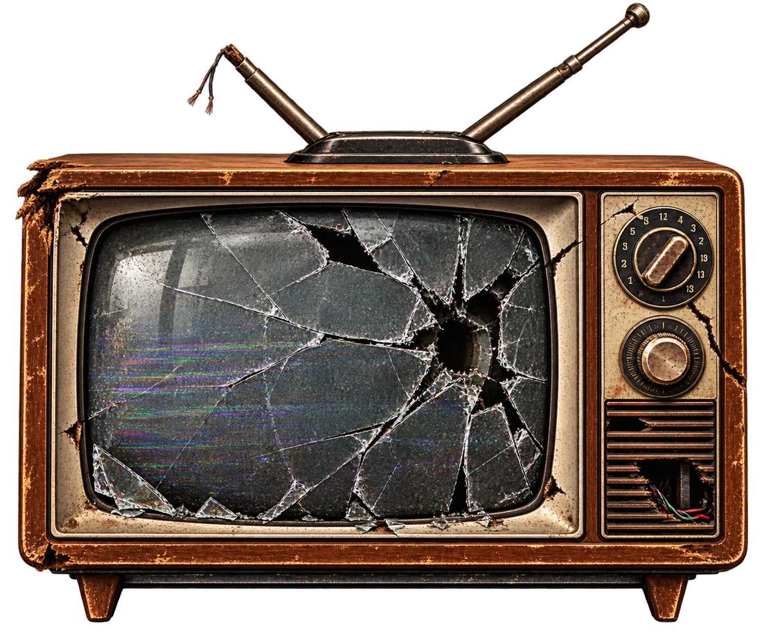 A vintage tube television with a cracked, broken screen