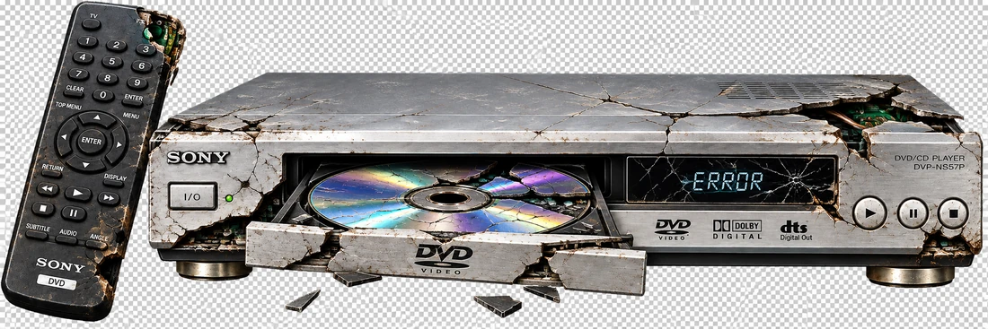 A DVD/CD player, cracked and showing an error