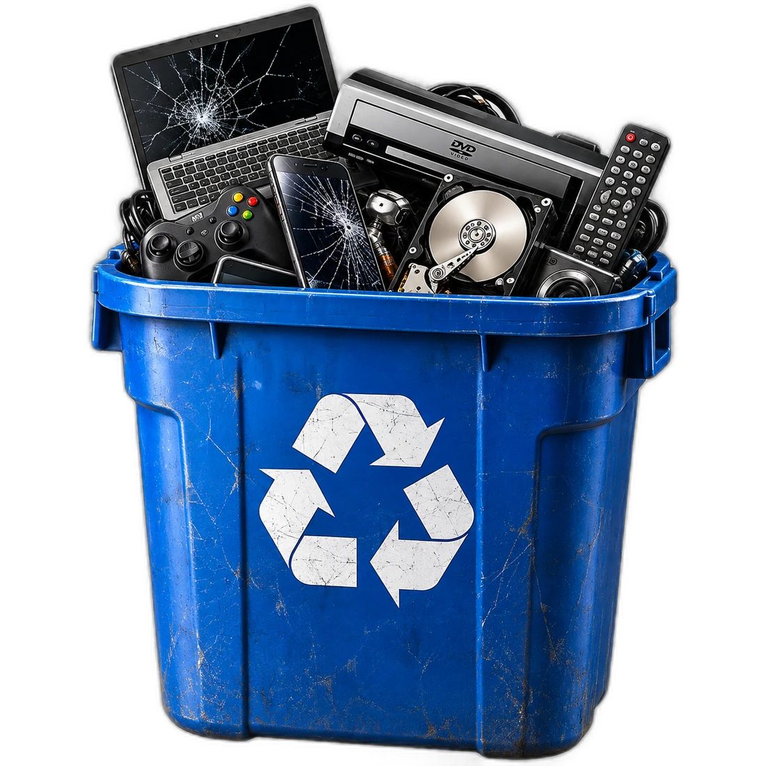 A recycling bin overflowing with broken electronics &mdash; a laptop, a phone, a DVD player, controllers, and a hard drive