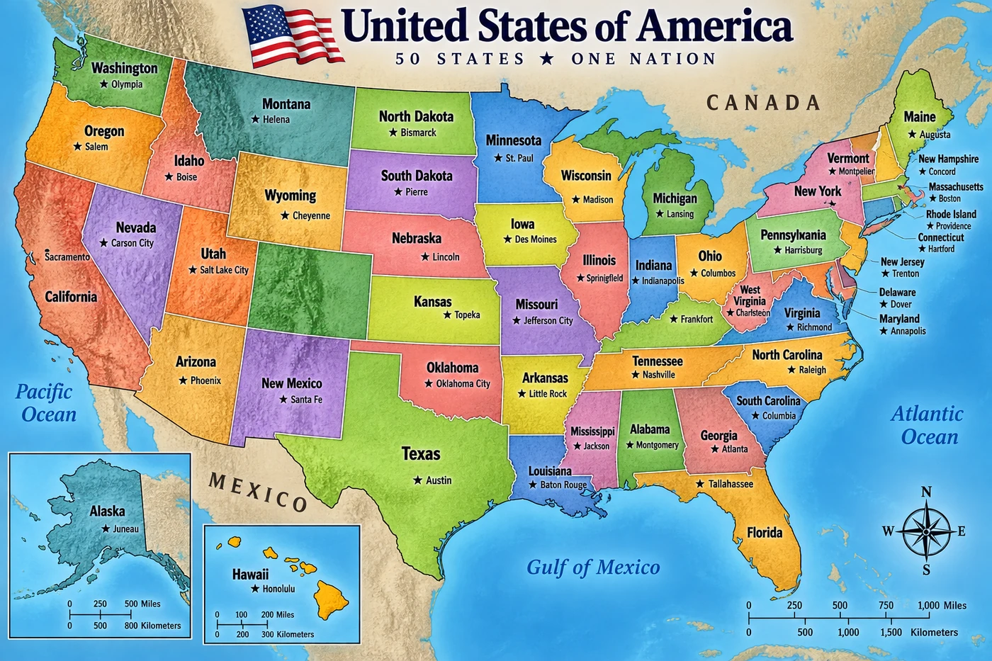 Map of the United States showing all 50 states and their capitals