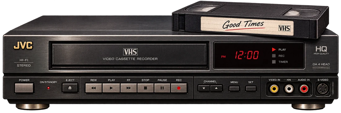 The same JVC VHS VCR, fixed, with a home-recorded “Good Times” tape resting on top